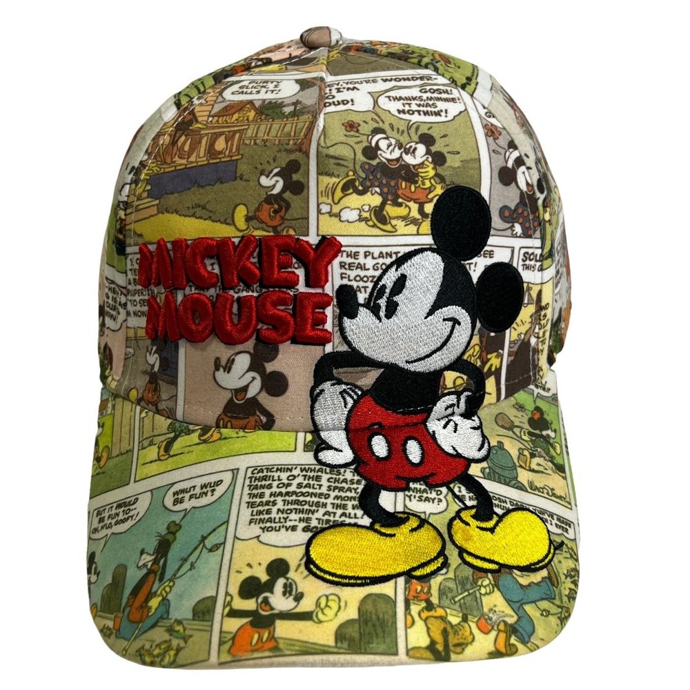 Vtg Disney Baseball Cap Embroidered Mickey Mouse AOP Comic Print‎ Hat Strap Back